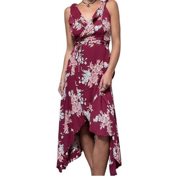🥒 Privacy Please Fillmore Wrap Summer Floral Red High Low Midi Dress Calico M - Picture 3 of 7